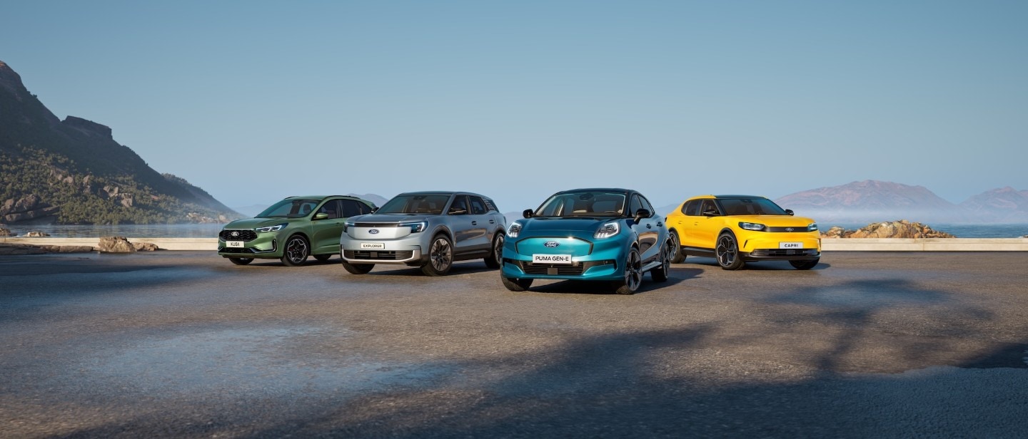 A line-up of the range of Ford electric cars, with the Ford Kuga, Ford Explorer, Ford Puma Gen-E and Ford Capri. A line-up of the range of Ford electric cars, with the Ford Kuga, Ford Explorer, Ford Puma Gen-E and Ford Capri.