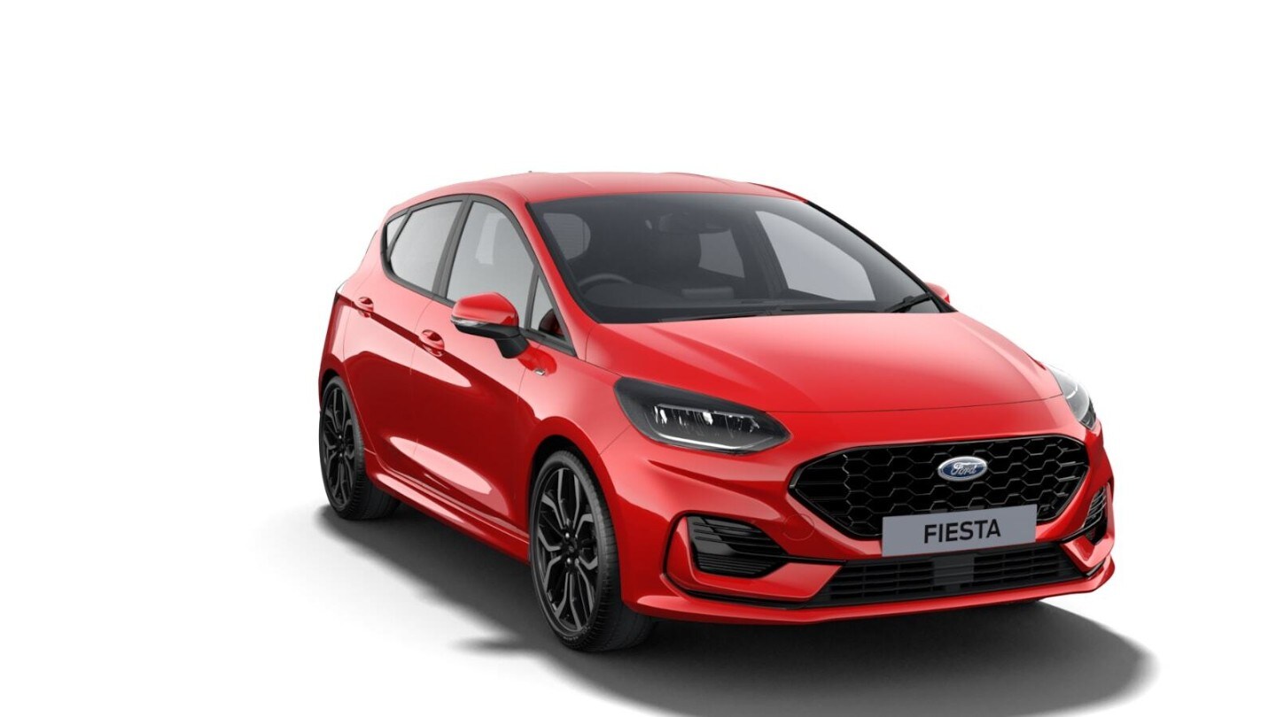 Red Ford Fiesta ST-Line X from 3/4 front angle