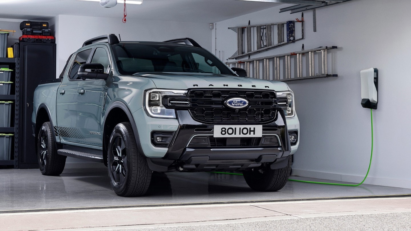 Ford Ranger Phev Stormtrak parked in a garage