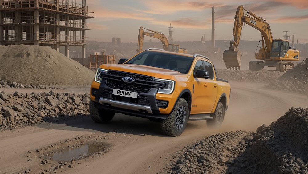 Orange Ford Ranger PHEV pickup truck driving on a dirt road at a construction site with excavators.