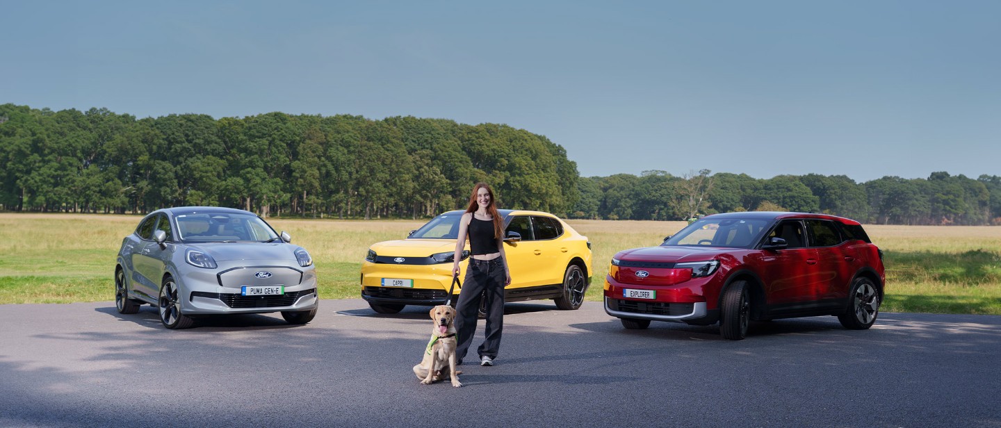 Ford Puma Gen-E, Capri, Explorer with Roz Purcell and a guide dog