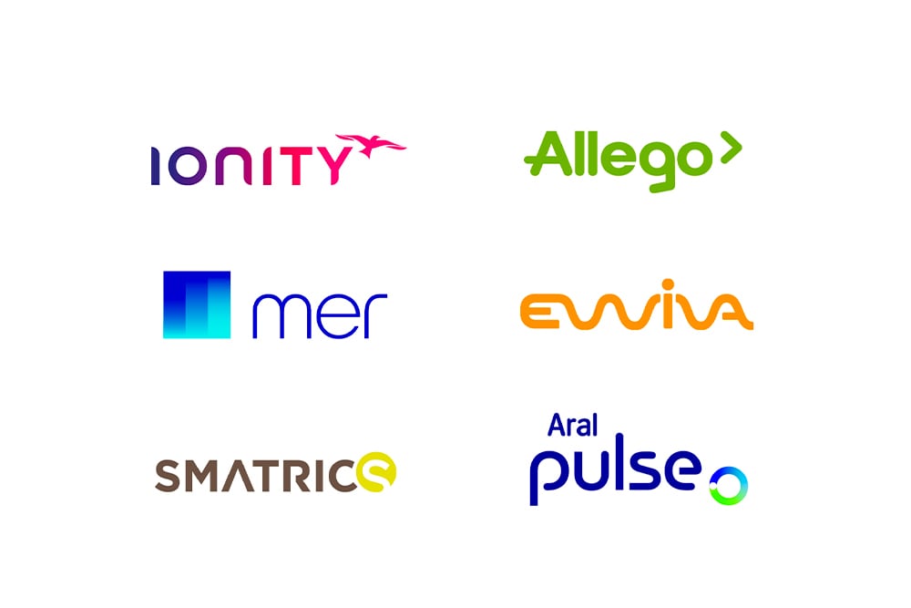  Logos of EV charging networks offering Plug&Charge, including Ionity, Allego, Mer, Ewiva, Smatrics, and Aral Pulse.