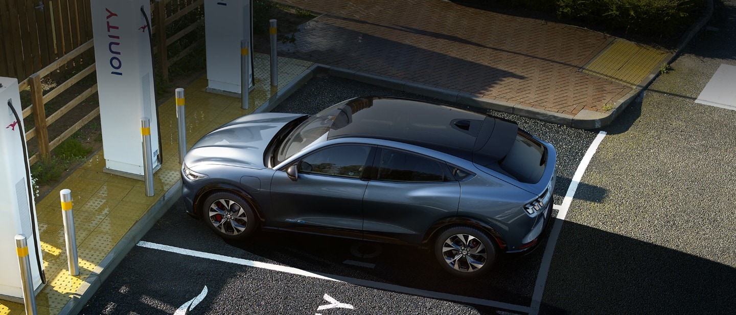 Ford vehicle shown parked and charging at an Ionity station.