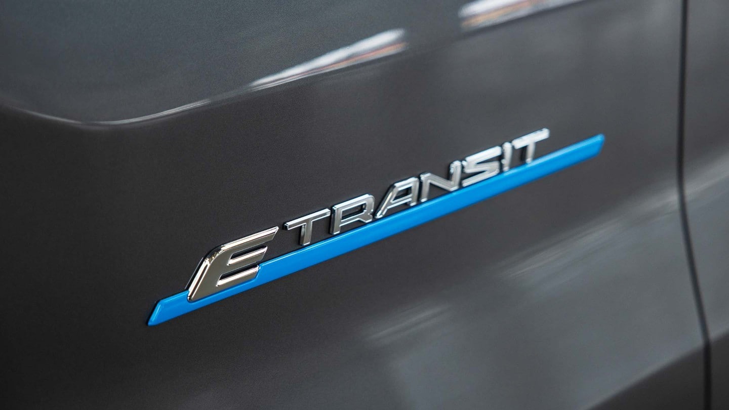 E Transit nameplate on a car