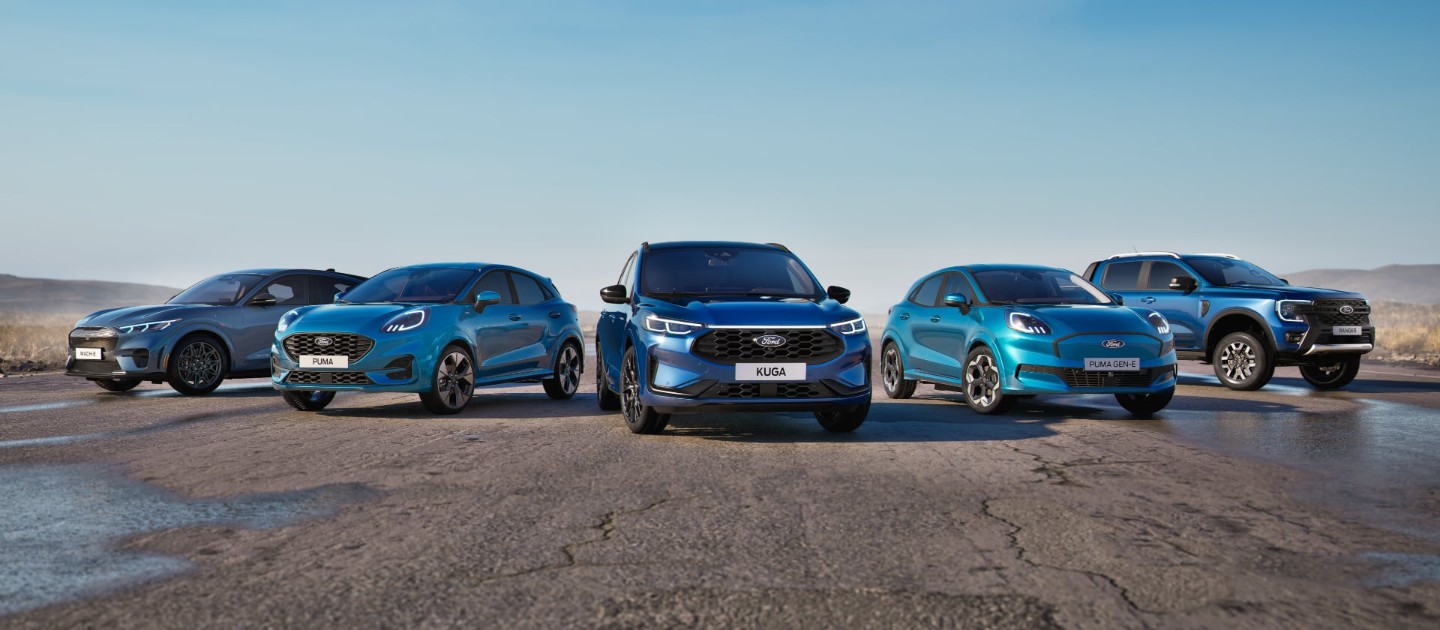 Line-up of vehicles with Ford BlueCruise hands-free driving including Mustang Mach-E, Puma, Kuga, Puma Gen-E and Ranger.