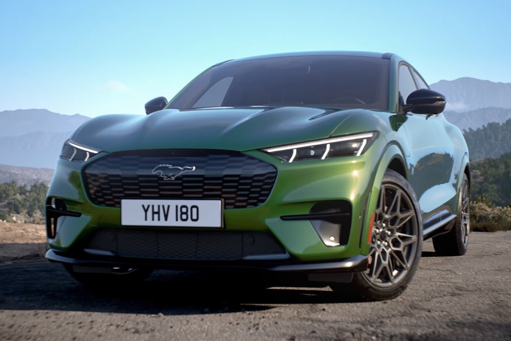 A close-up of the Ford Mustang Mach-E GT styling kit, showing the unique GT design honeycomb front grille.