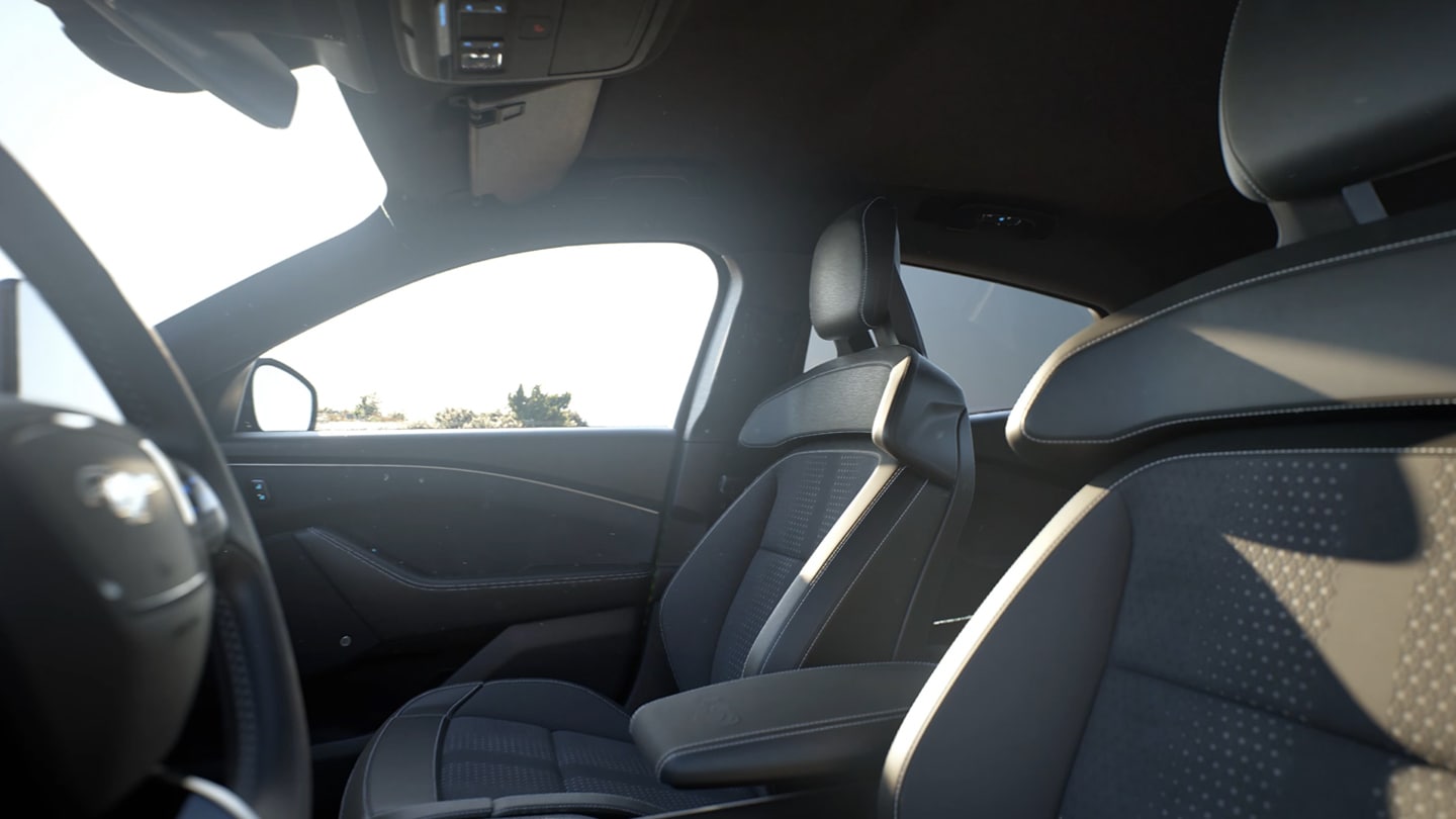 The interior of the Ford Mustang Mach-E, showing the two Ford Performance front seats.