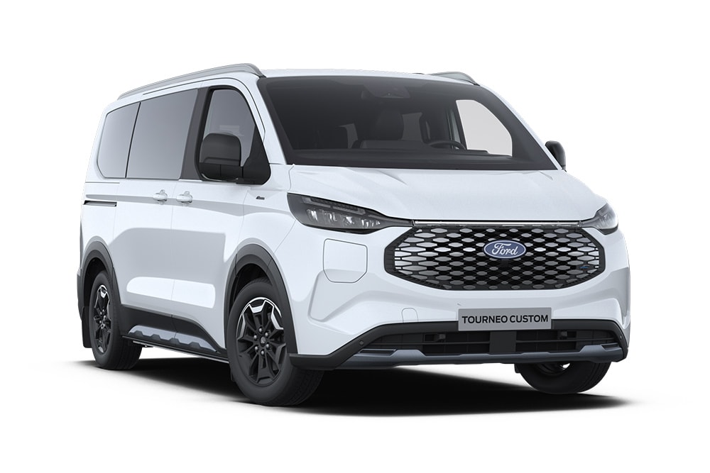 Front left angle of a white Ford E-Tourneo Custom Active.​