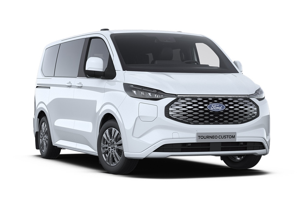 Front left angle of a white Ford E-Tourneo Custom Titanium.​