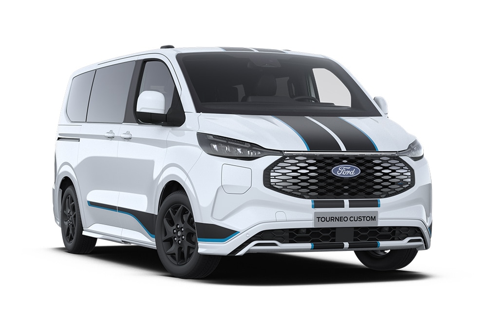 Front left angle of a white Ford E-Tourneo Custom Sport.​