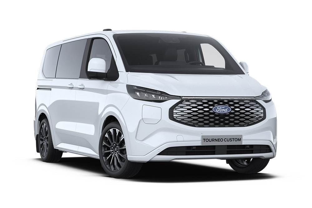 Front left angle of a white Ford E-Tourneo Custom Titanium X.​