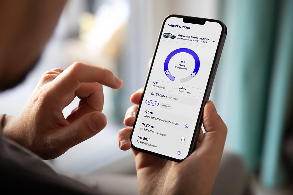 A mobile phone demonstrating the digital Ford electric range and charging calculator tool.