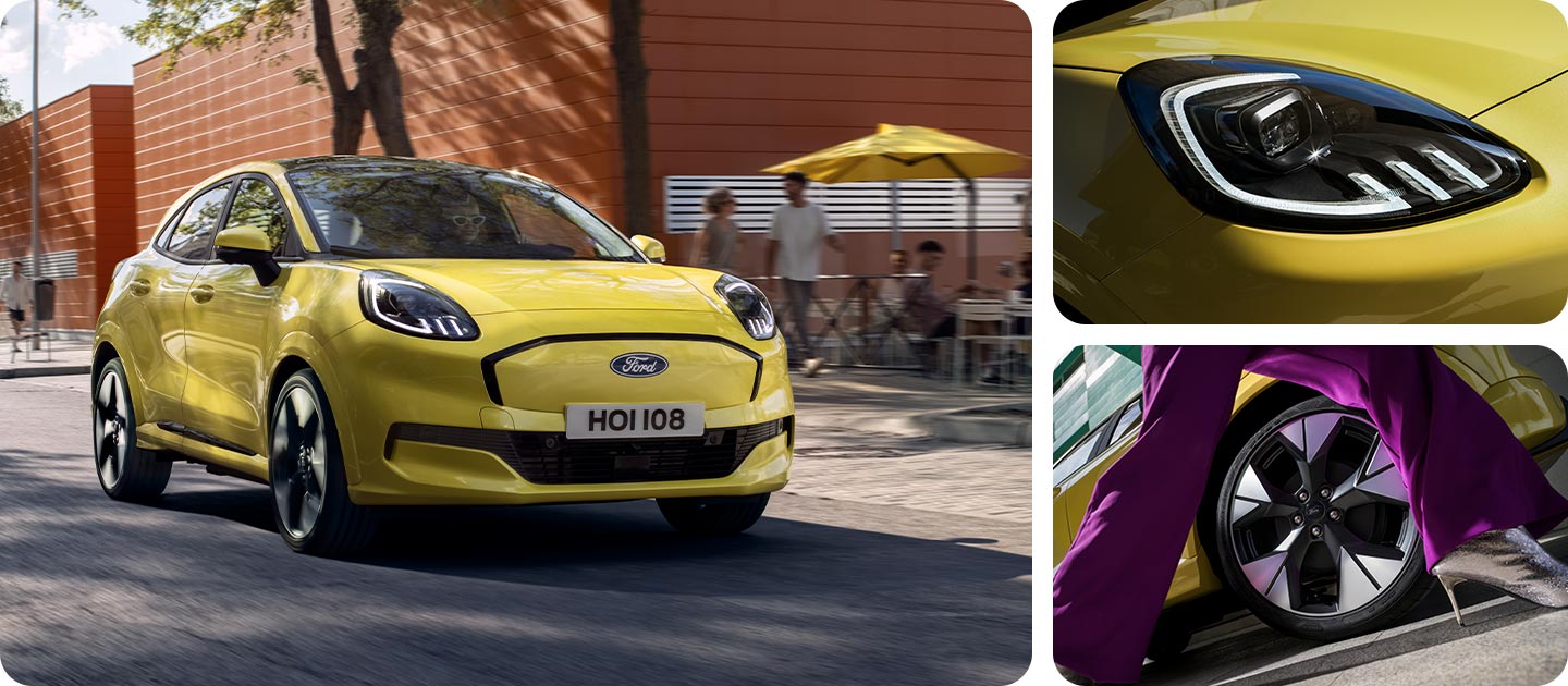 Photo grid showing the yellow Ford Puma Gen-E®, with close-ups of the front headlights and stylish alloy wheels.
