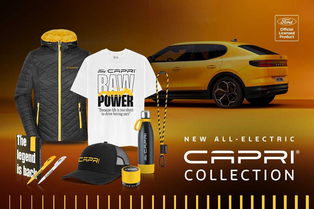 Black, yellow and white Ford Capri merchandise showing clothing, lanyard, cap, water bottle, stationery, and speaker, in front of a yellow Ford Capri.