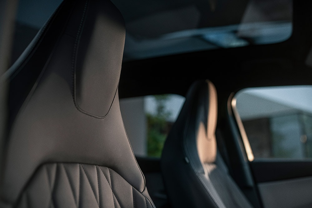 A close up of the luxury Sensico black seats in the electric Ford Explorer.
