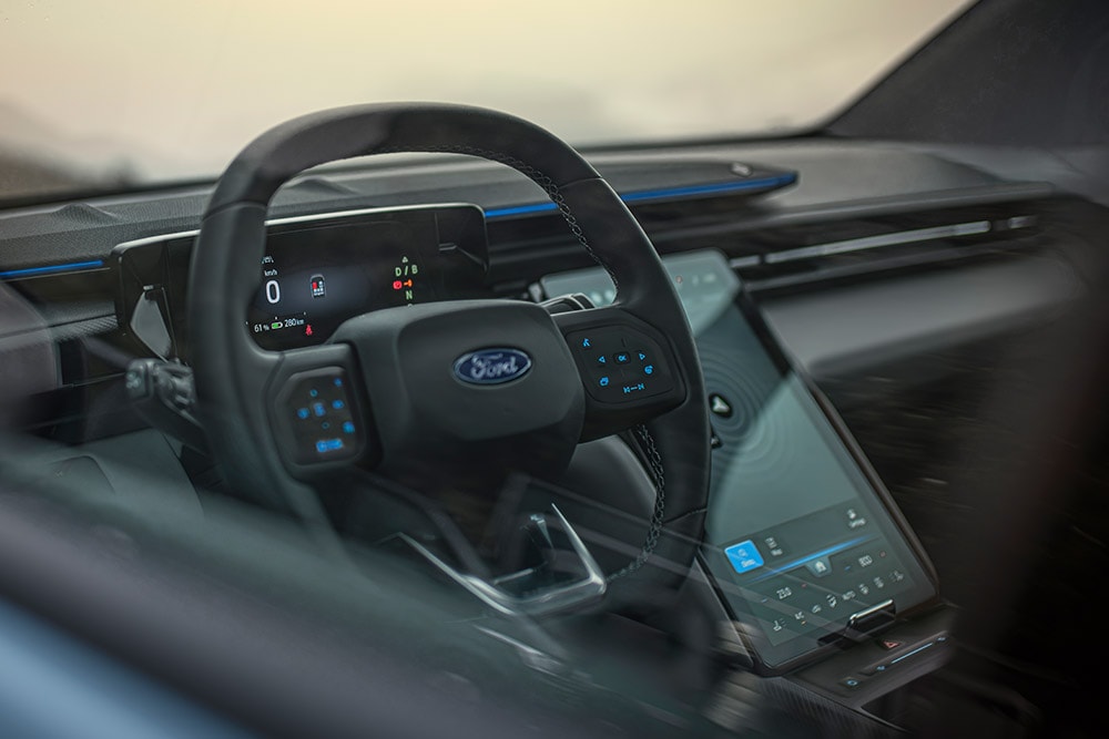 A close up of the electric Ford Explorer's heated steering wheel.