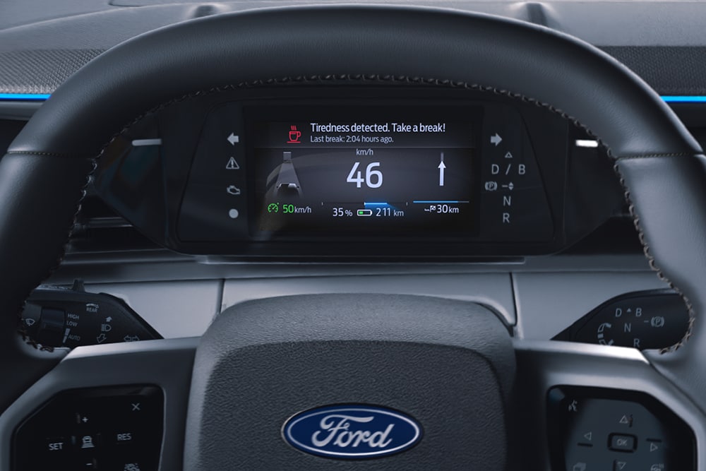 Close-up of the Ford Capri® Driver Alert dashboard showing when it's time to rest.