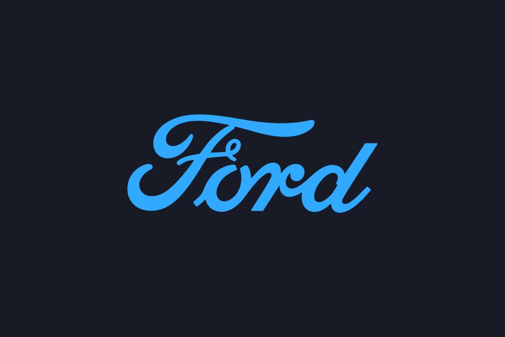 Blue Ford script logo on a dark background.