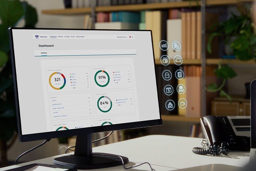 A computer monitor displays the Ford Pro Telematics dashboard with various fleet performance metrics.