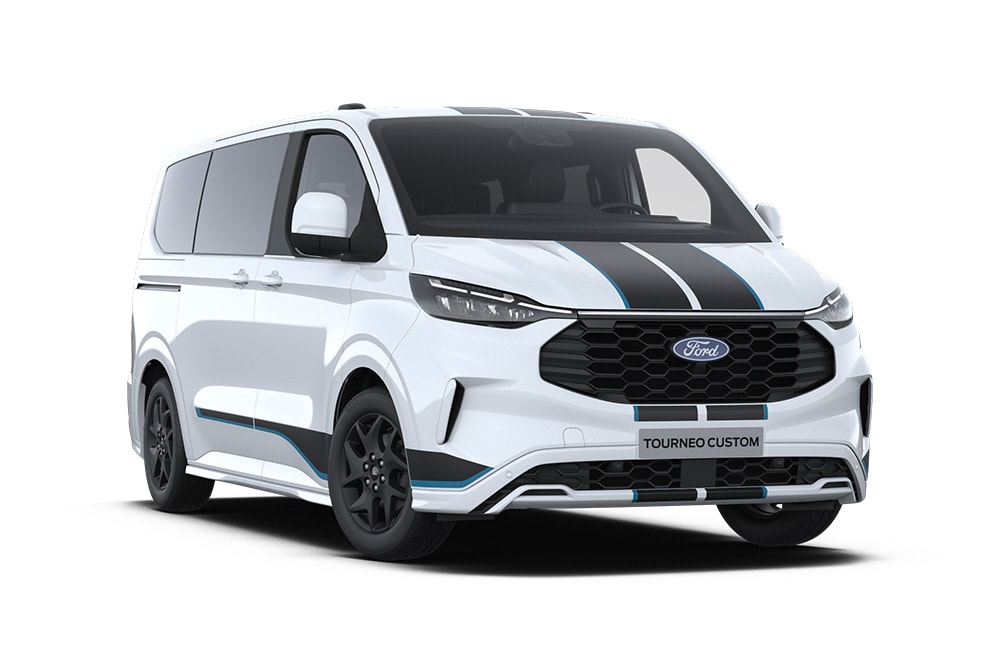 Front left angle of a white Ford Tourneo Custom Sport.​