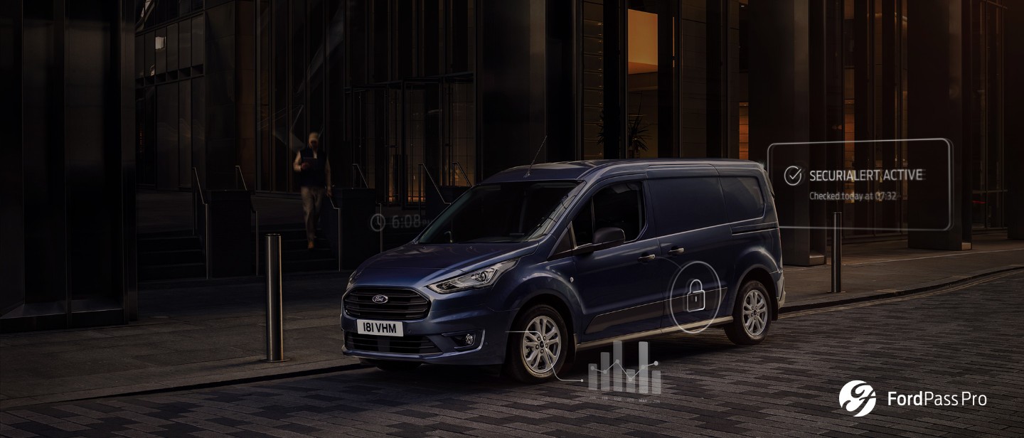 Blue Ford Transit Connect parked