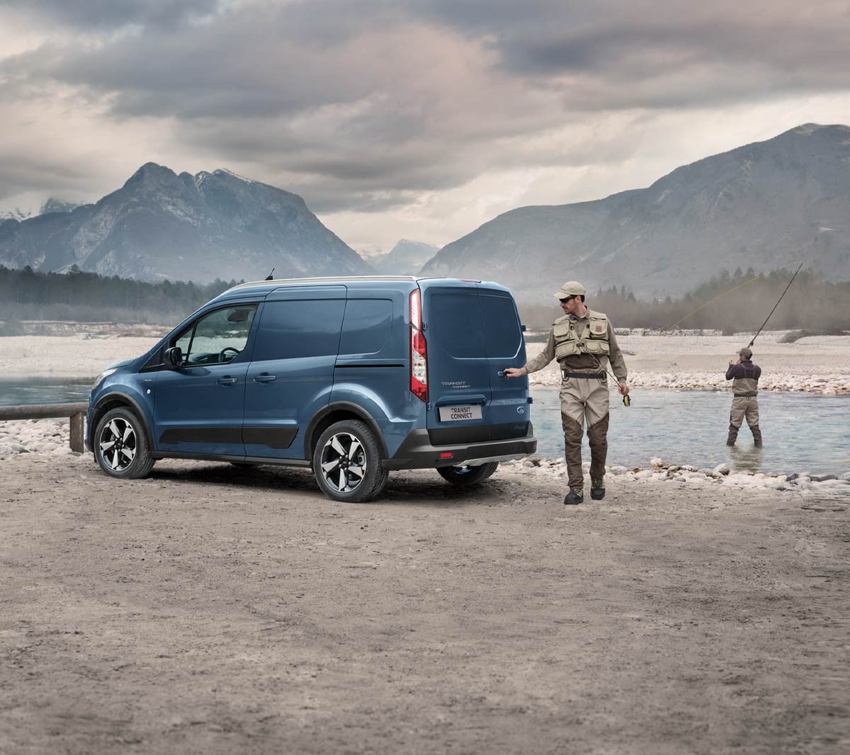 Ford Transit Connect Active rear door view, parked near river