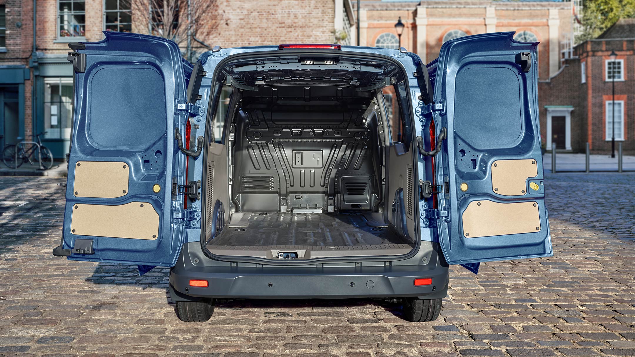 Blue Ford Transit Connect rear open doors