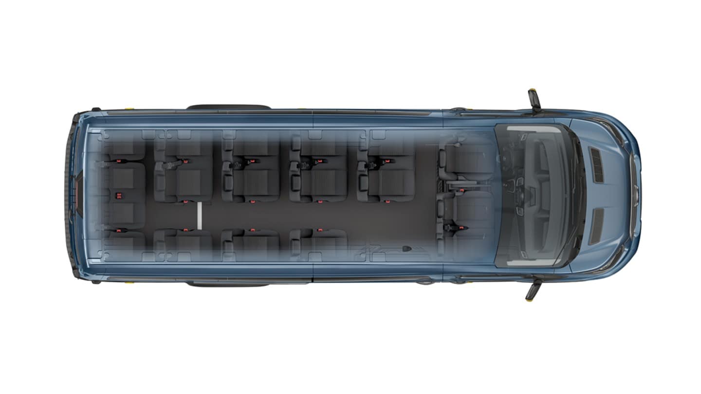 Transit Minibus birds eye view showing seating space through transparent roof