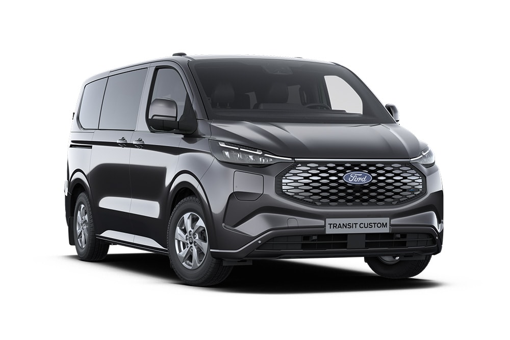 Dark gray Ford Transit Custom Limited Kombi van, front view.