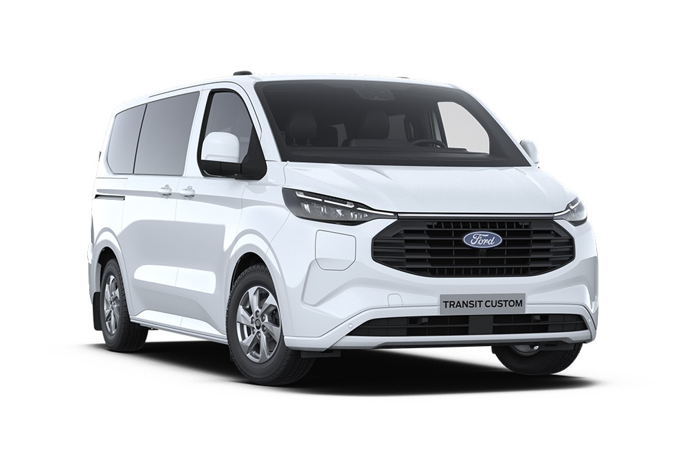 White Ford E-Transit Custom Kombi electric van, angled front view.