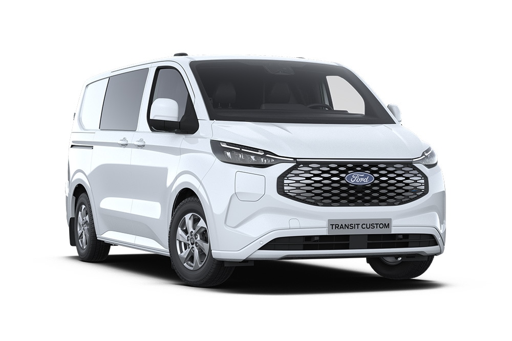 White Ford E-Transit Custom electric multi-cab van, angled front view.