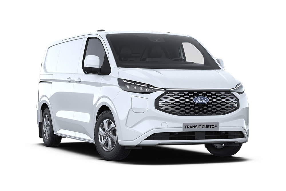 White Ford E-Transit Custom electric van, front view.