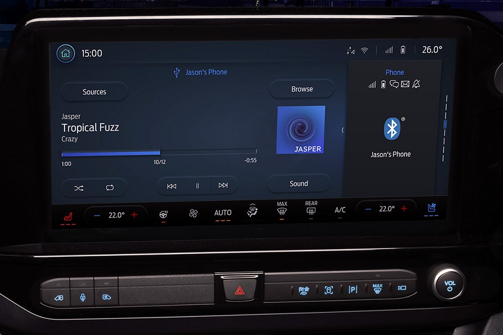 Infotainment screen in a Ford E-Transit Custom electric van.