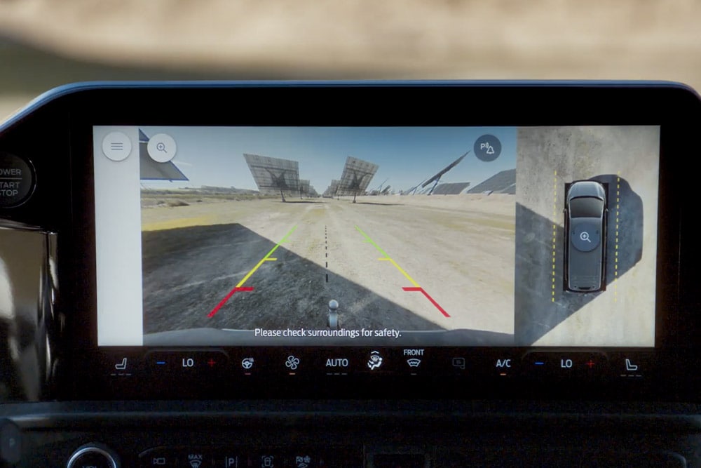 Rearview camera display in a Ford E-Transit Custom electric van.