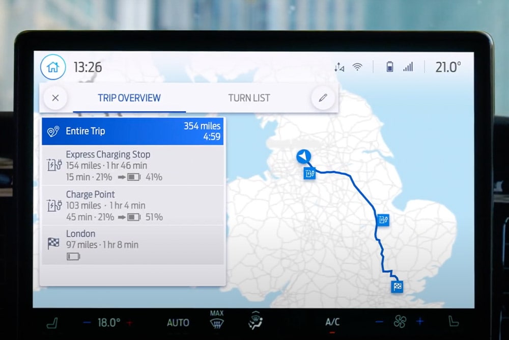 Navigation screen in a Ford E-Transit Custom electric van showing a trip overview.