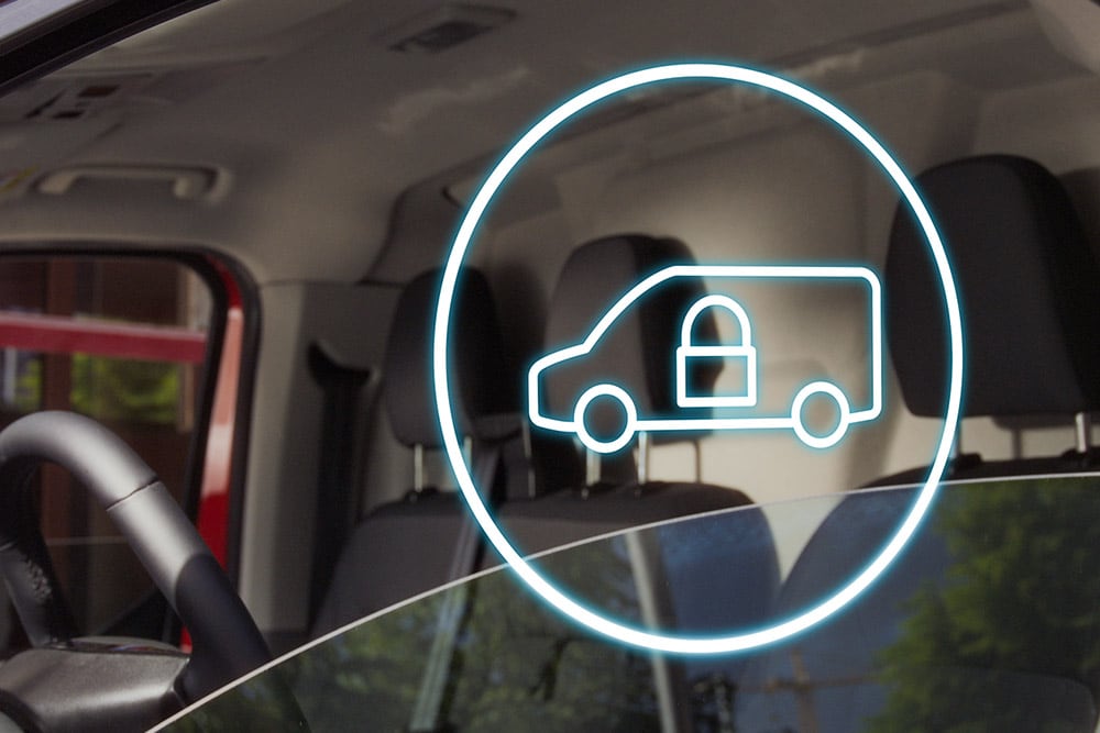 Locked van icon displayed on a Ford E-Transit Custom's windshield.