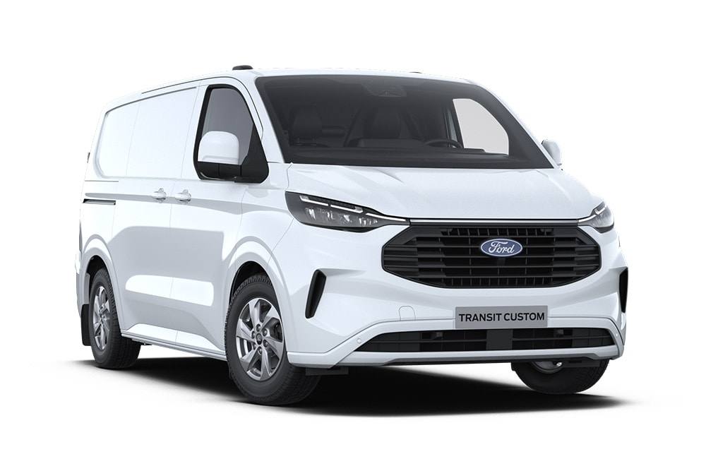Front left angle of a white Ford Transit Custom van on a white background.