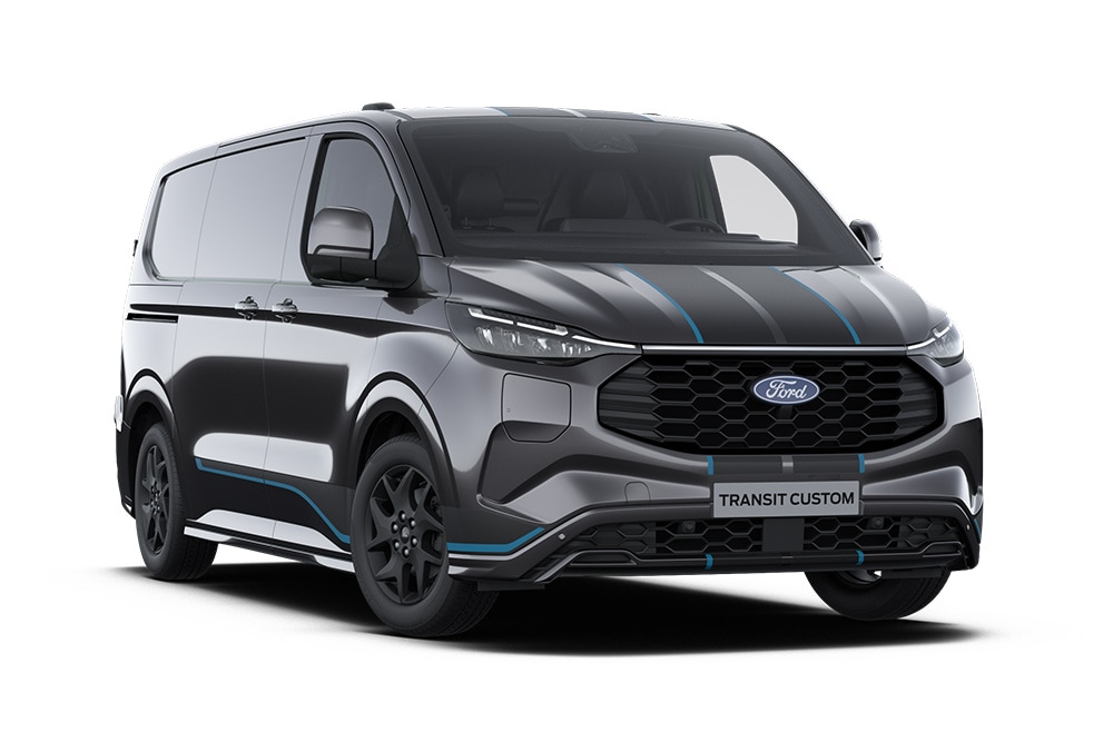 Front left angle of a dark grey Ford Transit Custom PHEV Trail with black bumper stripe, on a white background.