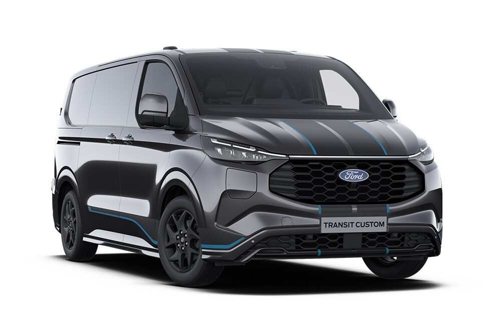 Front left angle of a dark grey Sport Ford Transit Custom van with black bumper stripe on a white background. 