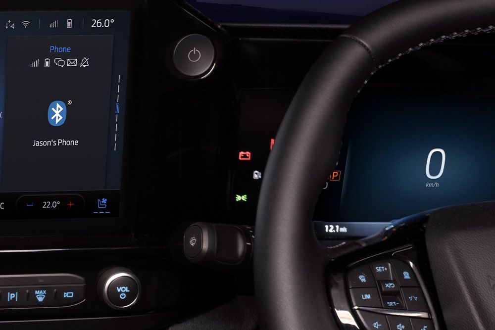 Close-up of the start button in a Ford E-Transit Custom electric van.