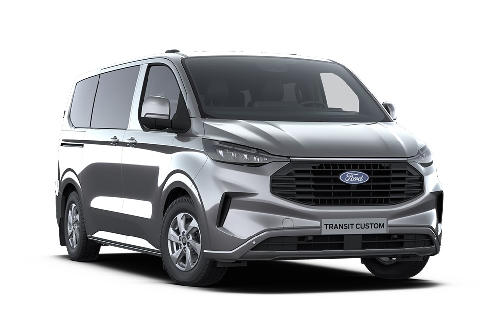 Front left angle of a dark grey Ford Transit Custom Kombi Limited on a white background.