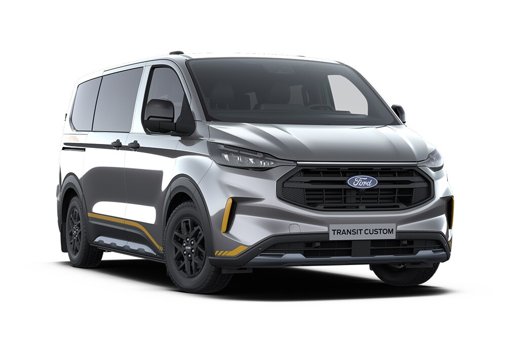 Front left angle of a dark grey Ford Transit Custom Kombi Trail on a white background.