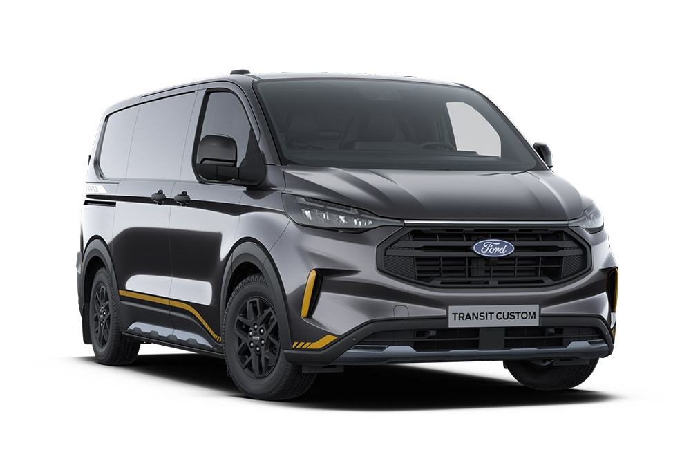 Front left angle of a dark grey Trail Ford Transit Custom van on a white background. 