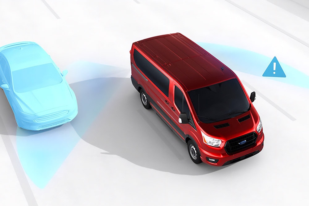 Overhead graphic view of a red Ford Transit van with safety alert icons.