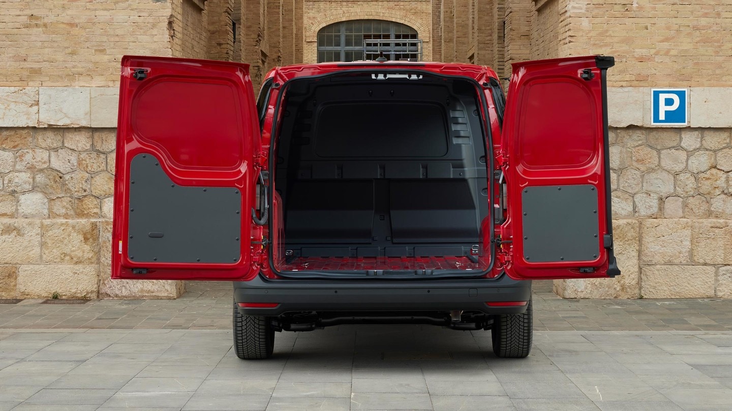 Open doors show the bulkhead of All-New Ford Transit Connect in Maple Red.