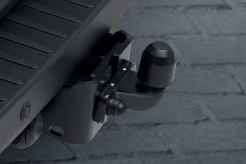 Close up of optional black tow bar at the rear of a Ford Transit Chassis Cab.