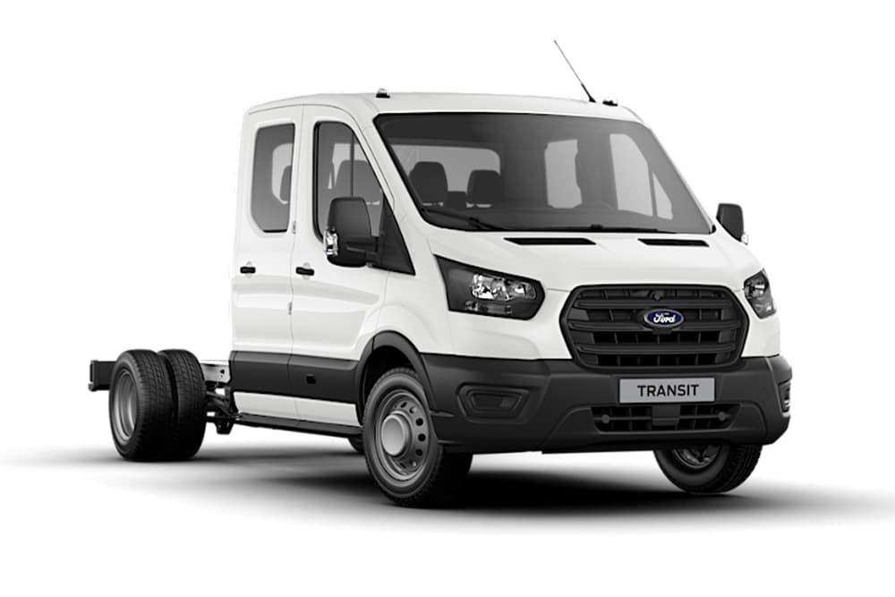 White Ford Transit Chassis Double Cab Trend van on a white background.