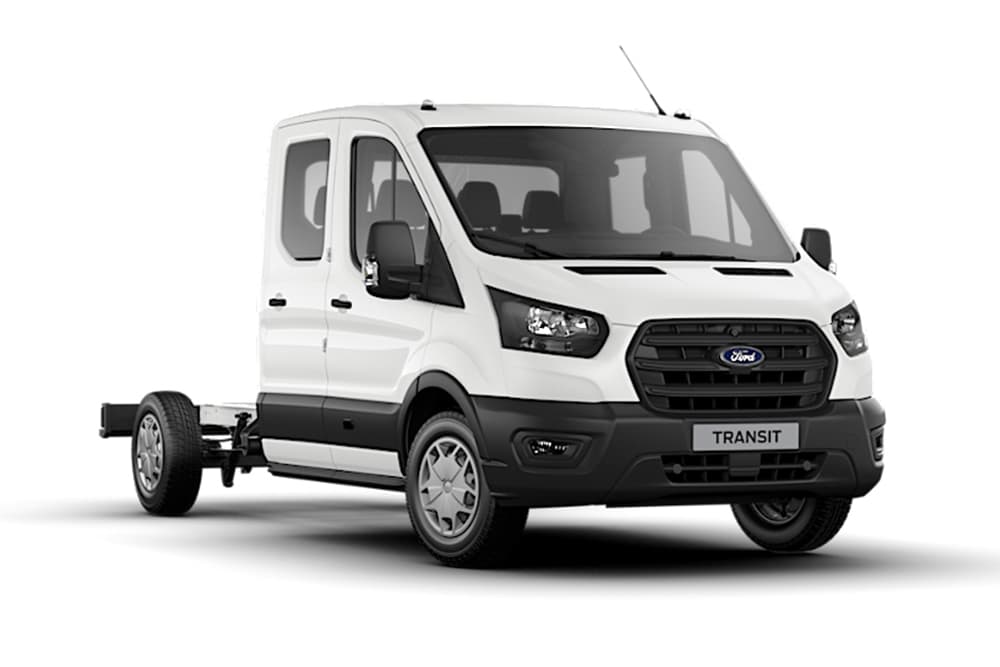 White Ford Transit Chassis Double Cab Trend van on a white background.