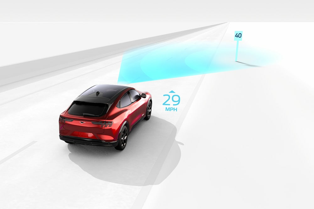 Graphic illustrating the Traffic Recognition System on a Ford vehicle.