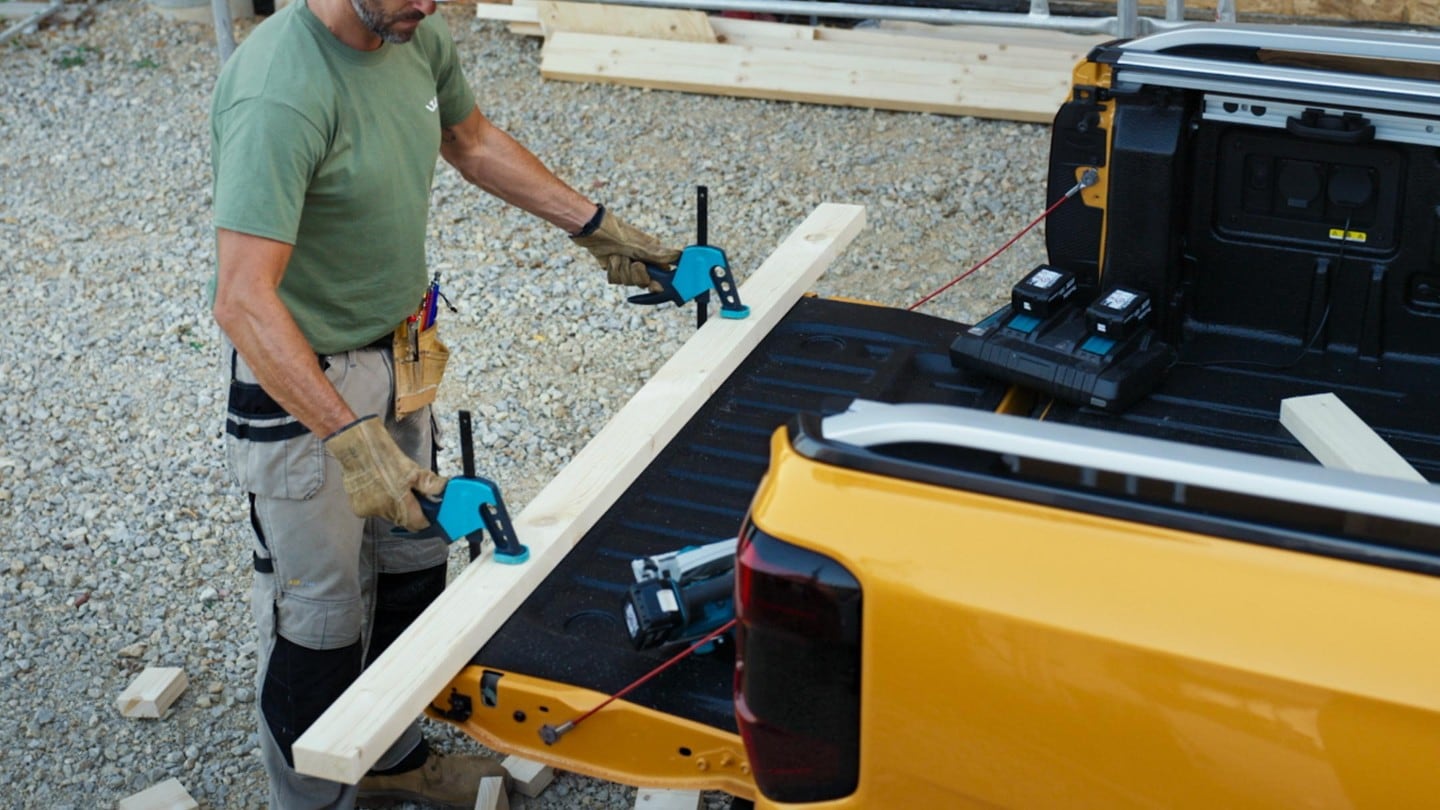 Ford Ranger tailgate workbench in use